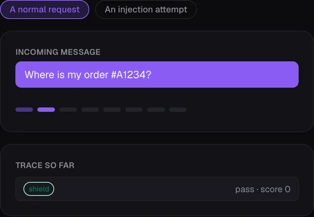 Agent Studio playground: an incoming message and the trace of the shield and guardrail stages